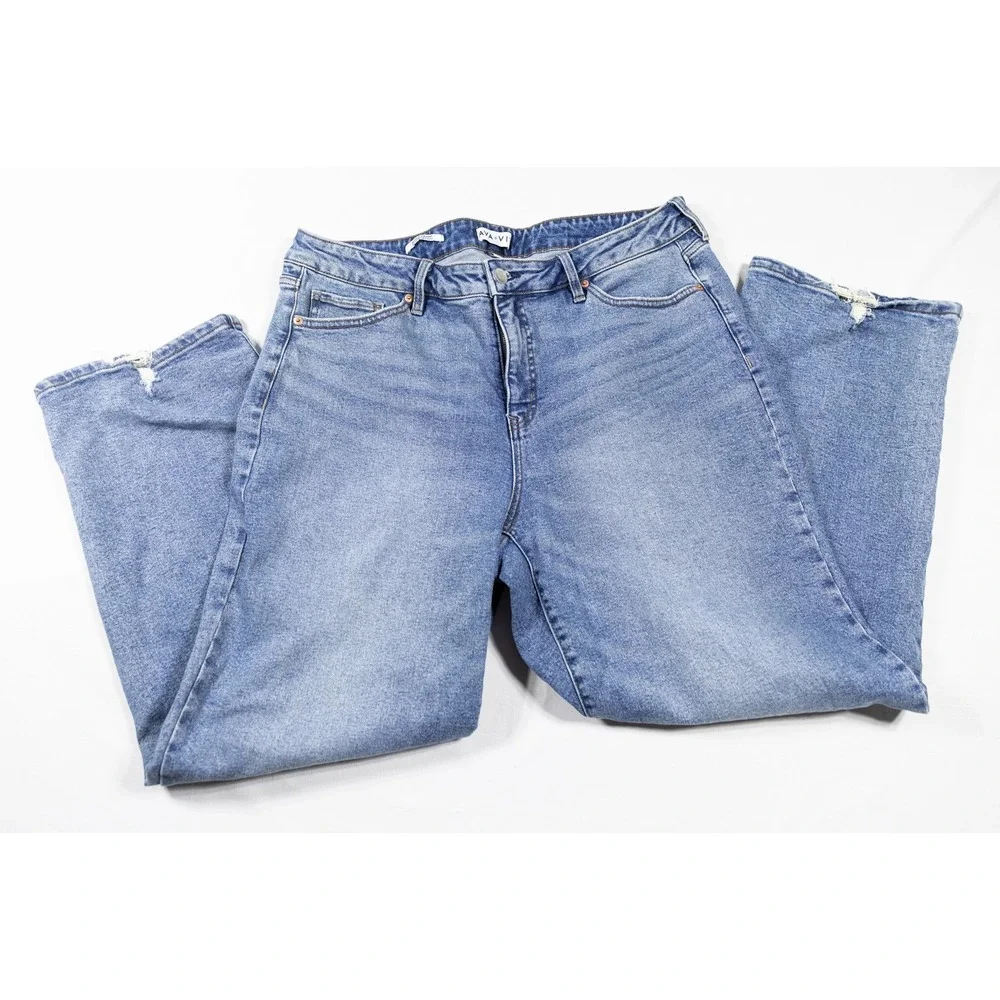 Ava & Viv Womens High Rise Straight Leg Jeans Blue Distressed Hem Size 18W